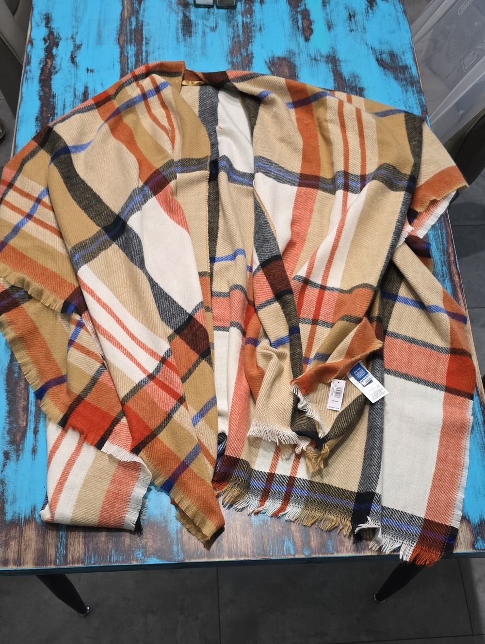 Old Navy Plaid Shawl/Cardigan in Tan, Cream, Rust, Black & Blue